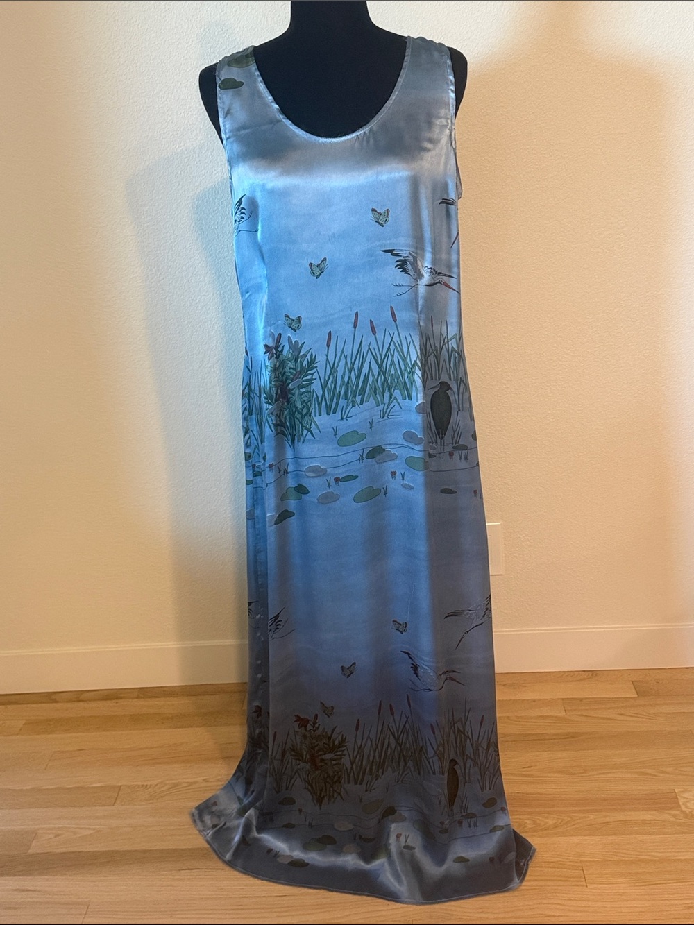 Satin Blue Floral & Marsh Print Maxi Dress